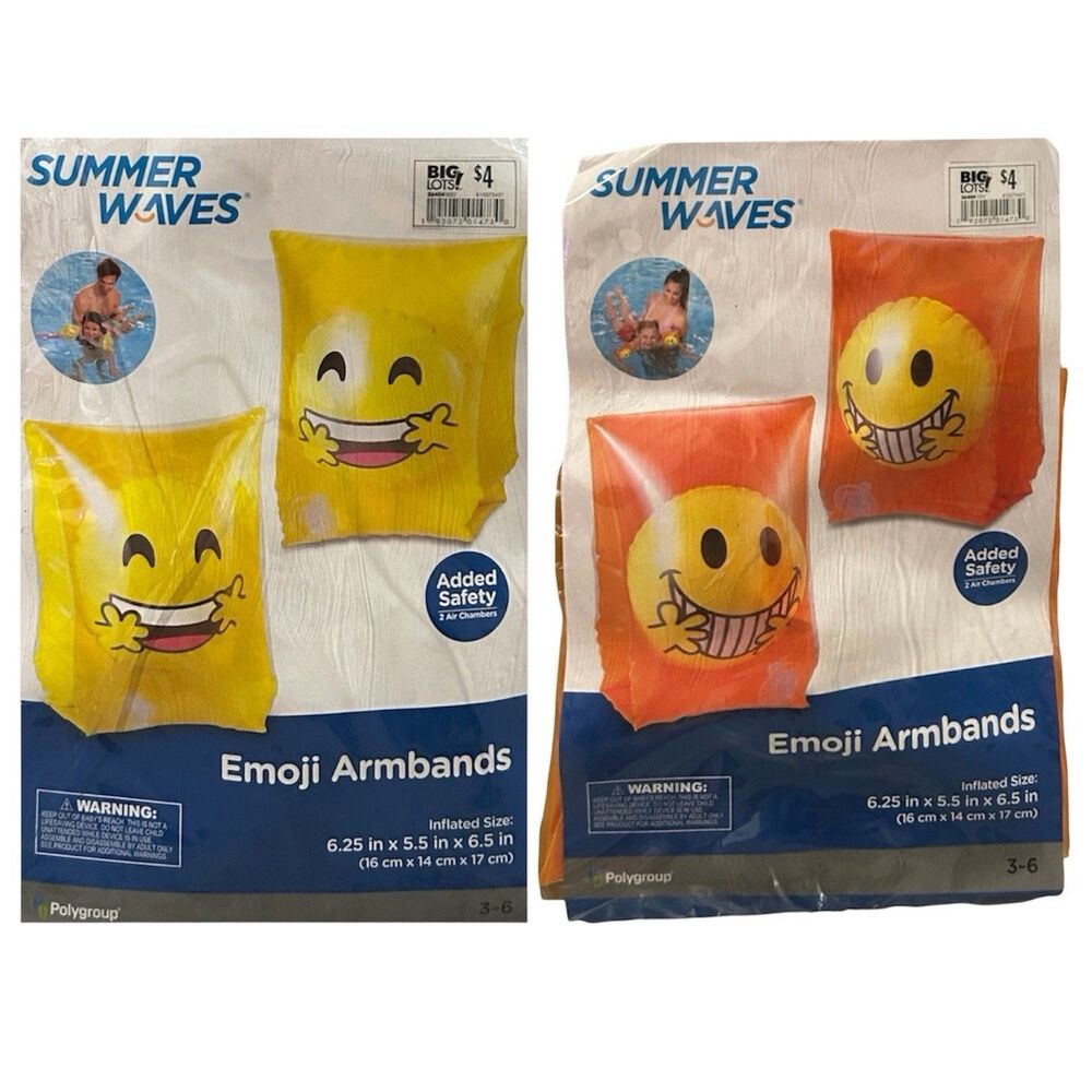 2x Summer Waves Emoji Armbands Added Safety 2 Air Chambers YellowOrange Ages 3-6